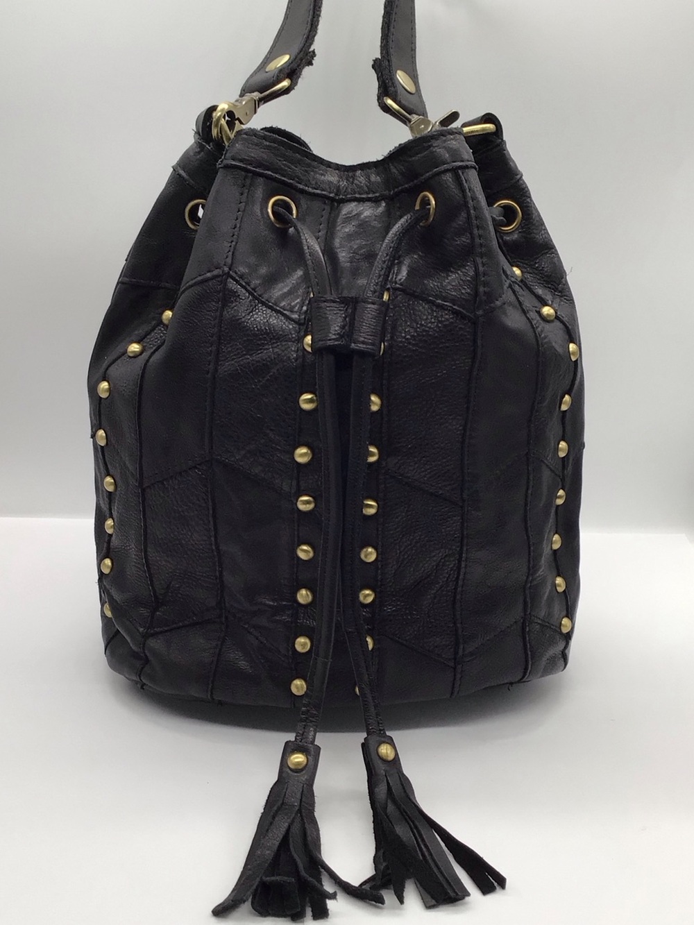 Amerileather Black Patchwork Leather Draw Bucket Shoulder Bag